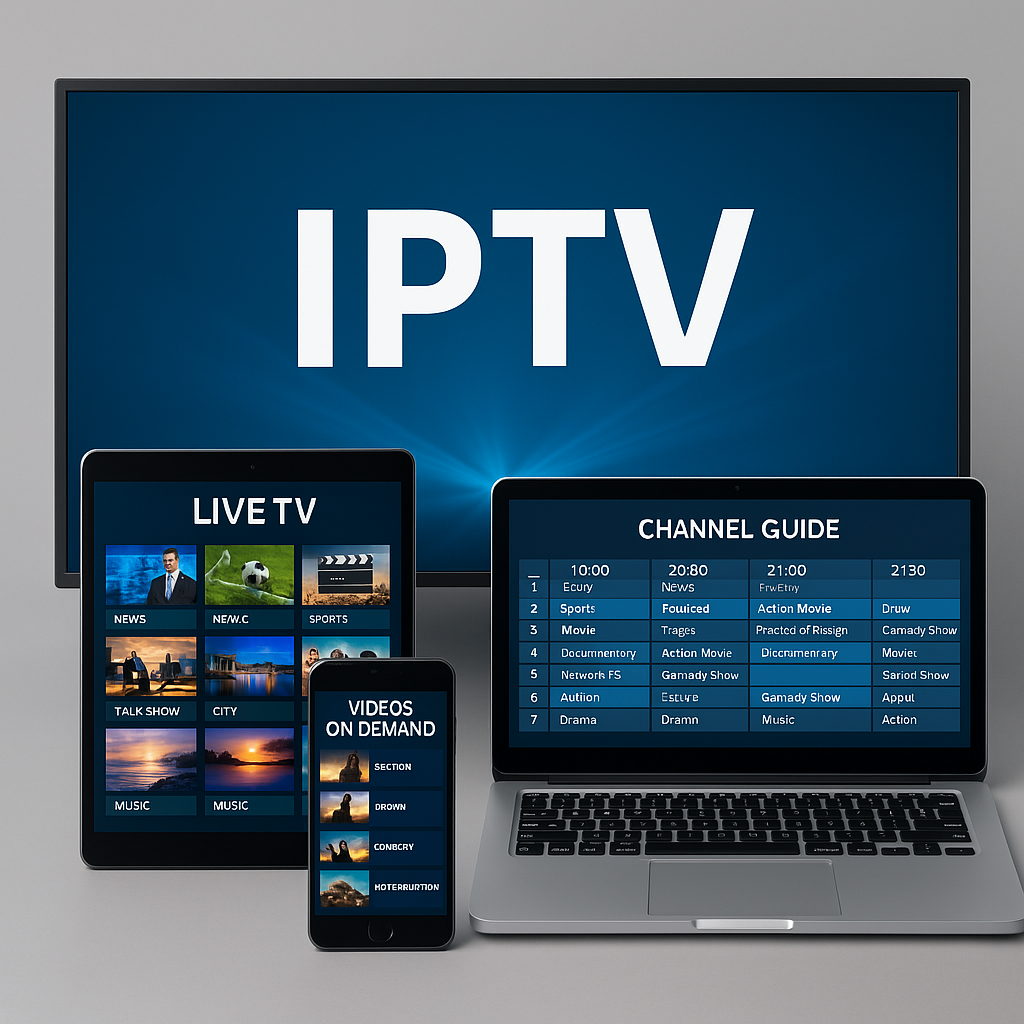 Une photographie numérique mettant en avant l’IPTV (Télévision par protocole Internet) diffusée sur plusieurs appareils, y compris une Smart TV, une tablette, un ordinateur portable et un smartphone.