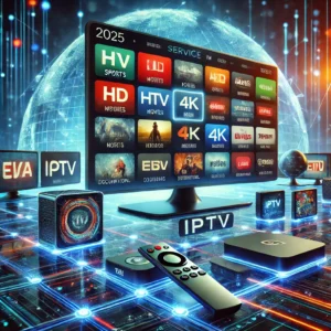 Futuristic IPTV service showing smart TV with HD and 4K channels, connected to smartphones, tablets, and streaming devices.