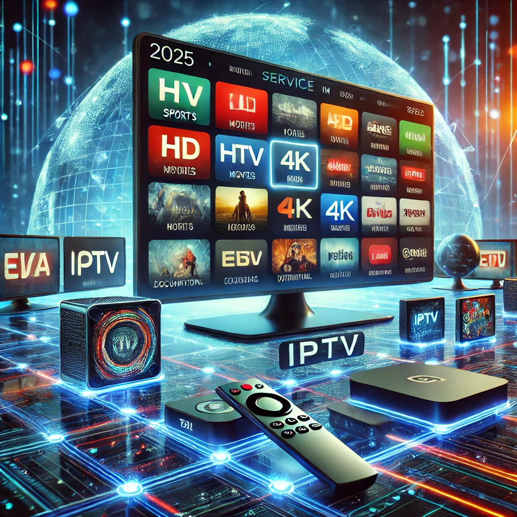 Futuristic IPTV service showing smart TV with HD and 4K channels, connected to smartphones, tablets, and streaming devices.