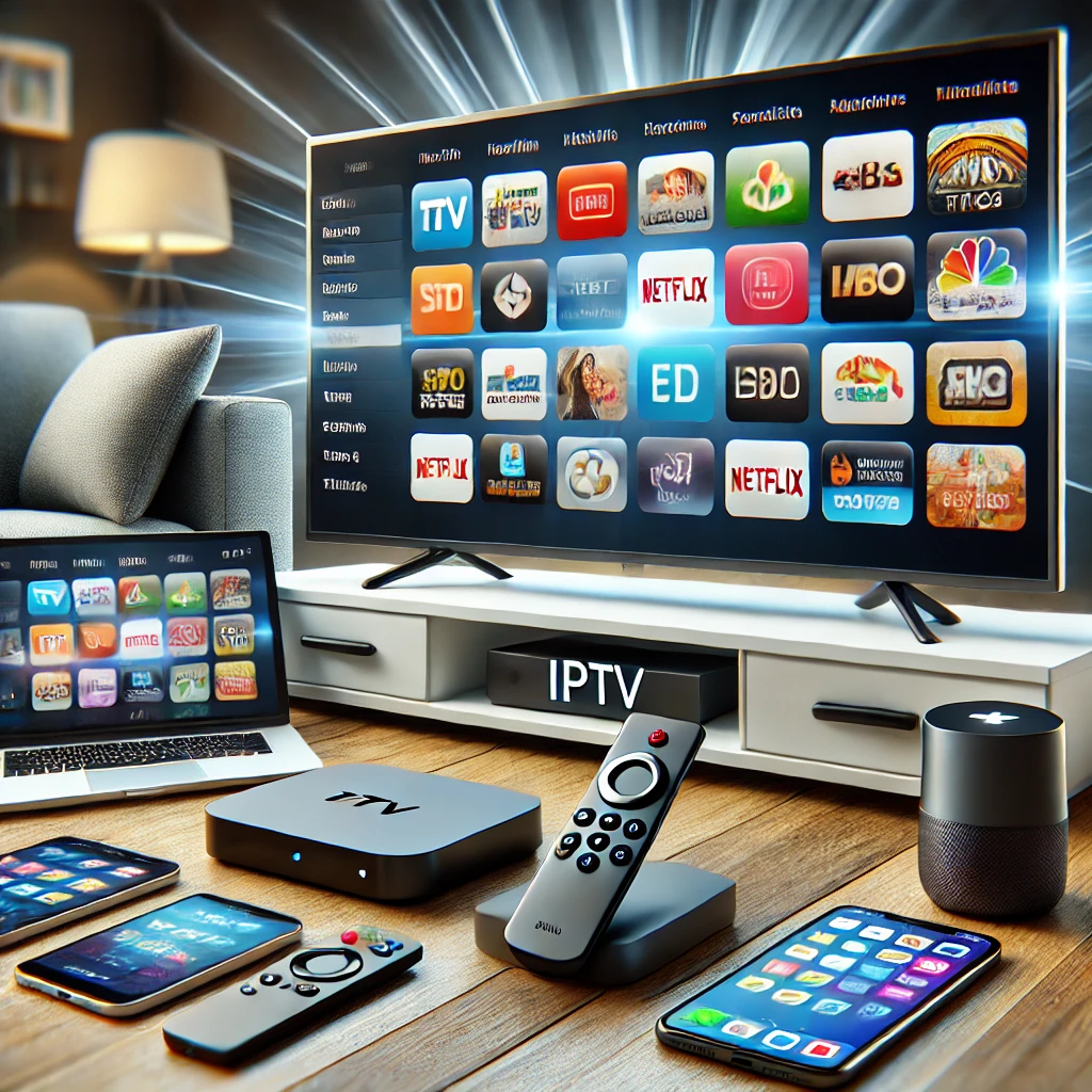 IPTV service offering high-definition channels on various devices like Smart TVs, smartphones, and tablets.