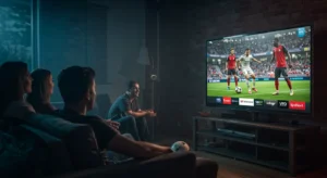 Groupe d'amis regardant un match de football en direct avec un service IPTV à Montréal dans un salon convivial